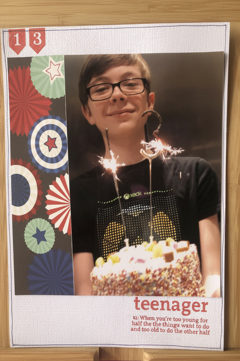 Teenager birthday scrapbook layout featuring the Teen Stamp Set