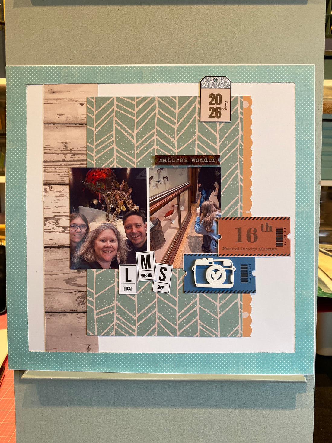 Scrapbook layout inspiration featuring museum visit with family photos and Blue Puppy Studio stamps