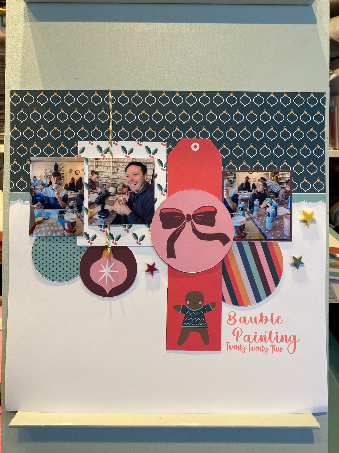 Christmas bauble painting scrapbook layout with festive decorations and workshop photos