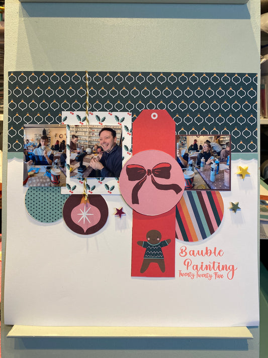 Christmas bauble painting scrapbook layout with festive decorations and workshop photos