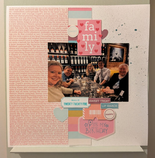 Birthday dinner celebration scrapbook layout with family photo and festive embellishments