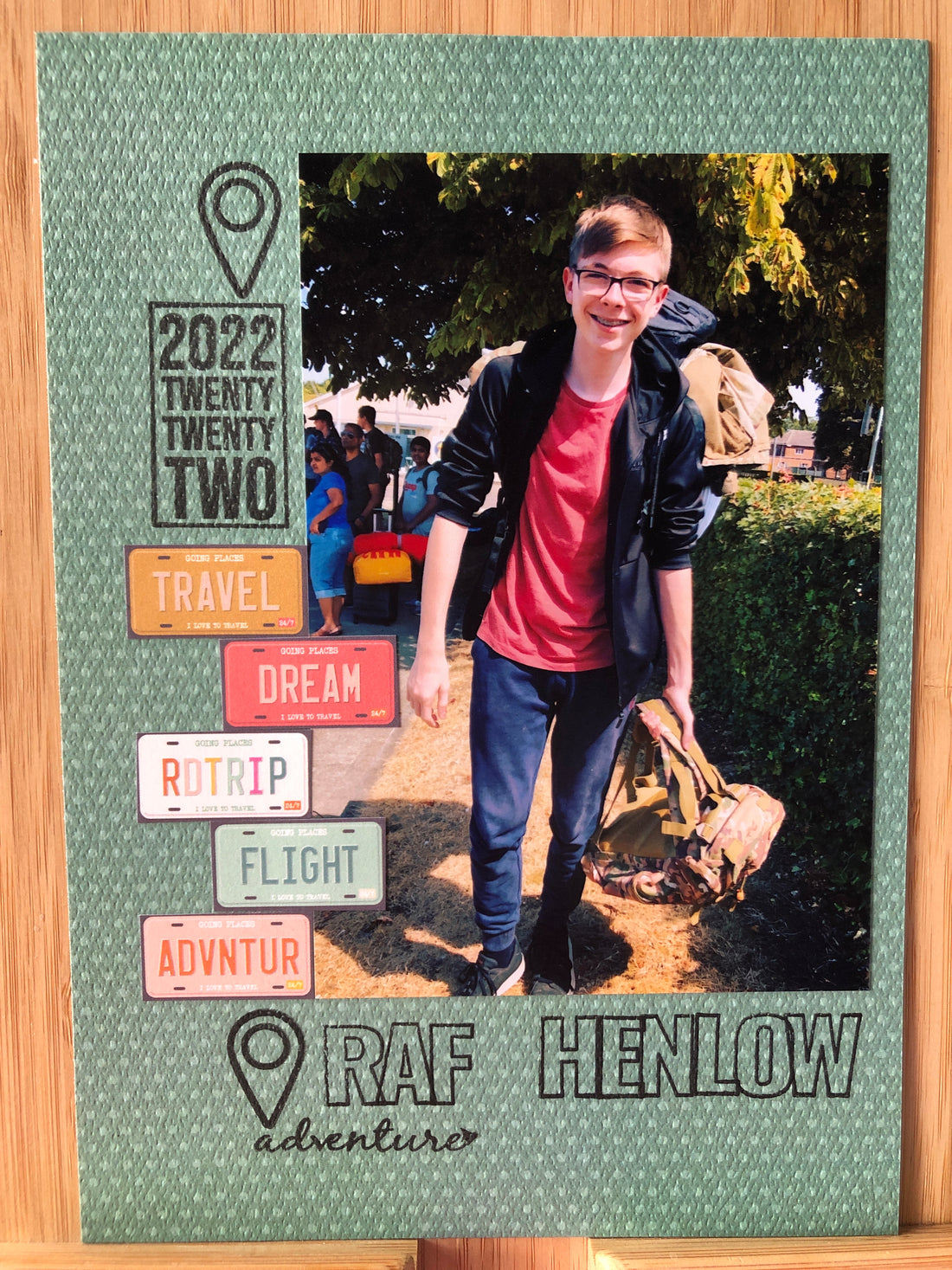RAF Henlow travel adventure scrapbook layout with licence plate embellishments and location stamps