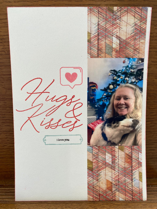Hugs and Kisses scrapbook layout with elegant typography and herringbone pattern