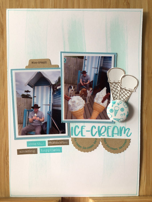 Ice cream themed scrapbook layout with aqua accents and cone embellishments