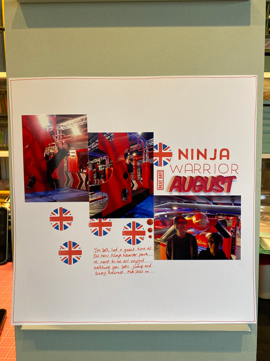 Ninja Warrior August scrapbook layout using Road Trip and Staycation Stamp Sets