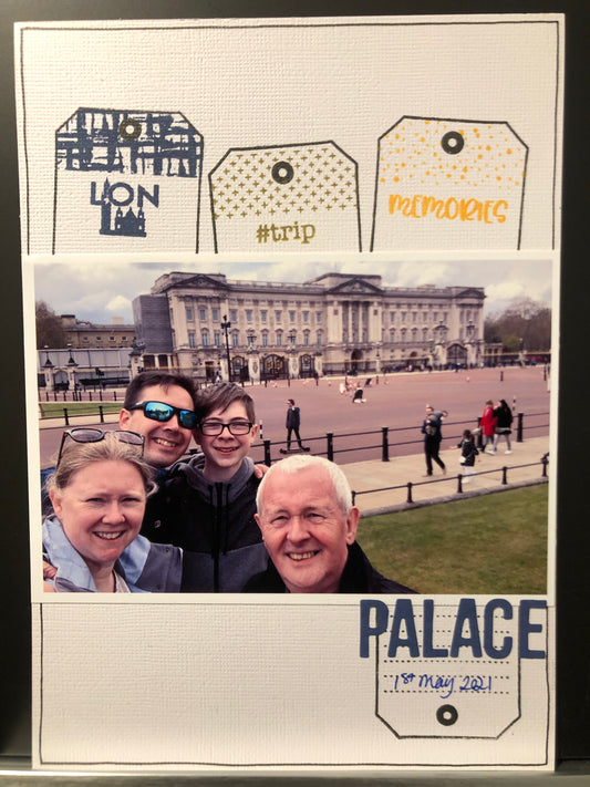 London Buckingham Palace scrapbook layout using Luggage Label and Explorer Ticket Stamp Sets