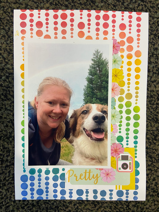 Pretty scrapbook layout with rainbow dot border using the Pretty Awesome Stamp Set