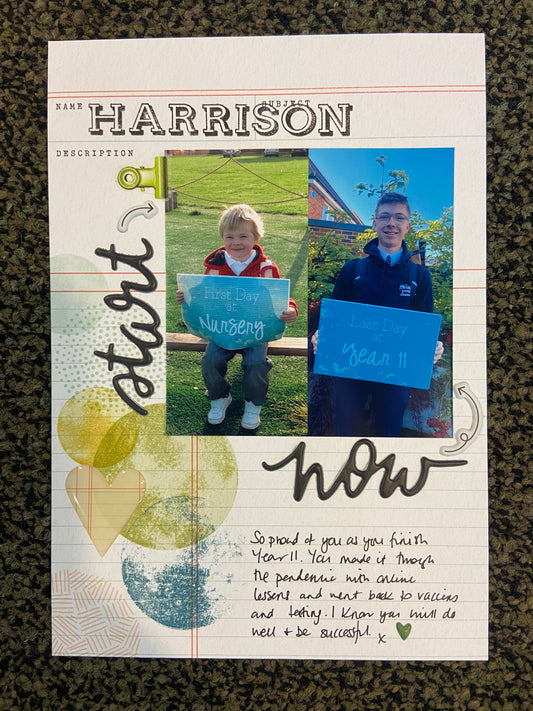 Scrapbook layout titled Start to Now featuring Harrison from nursery to Year 11