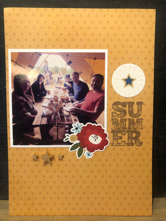 Summer scrapbook layout featuring the Summer Beach Stamp Set on a kraft background
