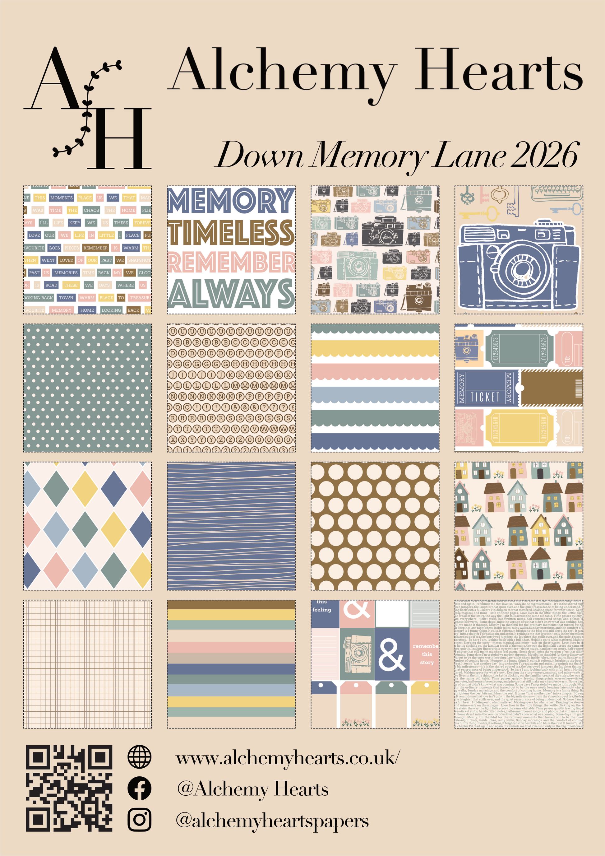 Alchemy Hearts Down Memory Lane collection kit index sheet showing all 16 double-sided papers