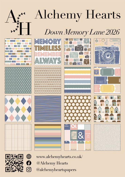 Alchemy Hearts Down Memory Lane collection kit index sheet showing all 16 double-sided papers