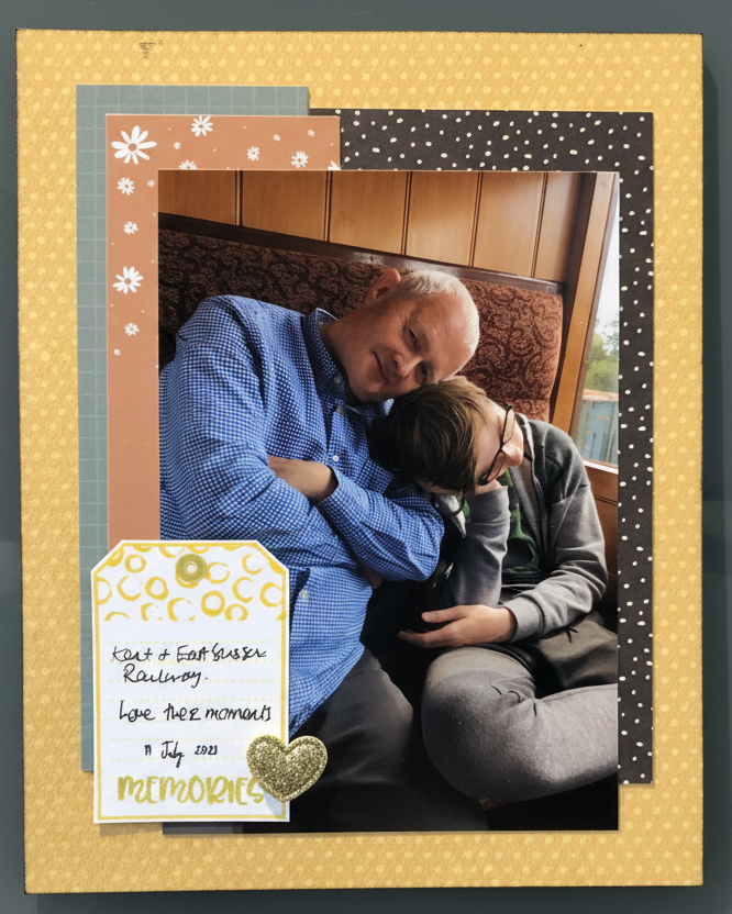 Train memories scrapbook layout featuring the Luggage Label Stamp Set